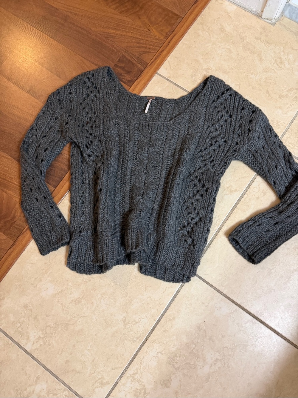Free People Charcoal Open-Knit Cable Scoop Sweater